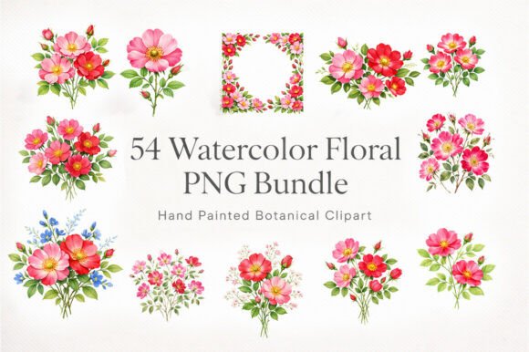 Elevate Your Designs with the 54 Watercolor Rose Floral PNG Bundle
